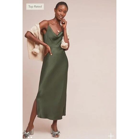 Anthropologie Elyse Luxe Bias Cut Slip Dress Midi Y2K | Moss Green | SZ XL - Picture 1 of 15